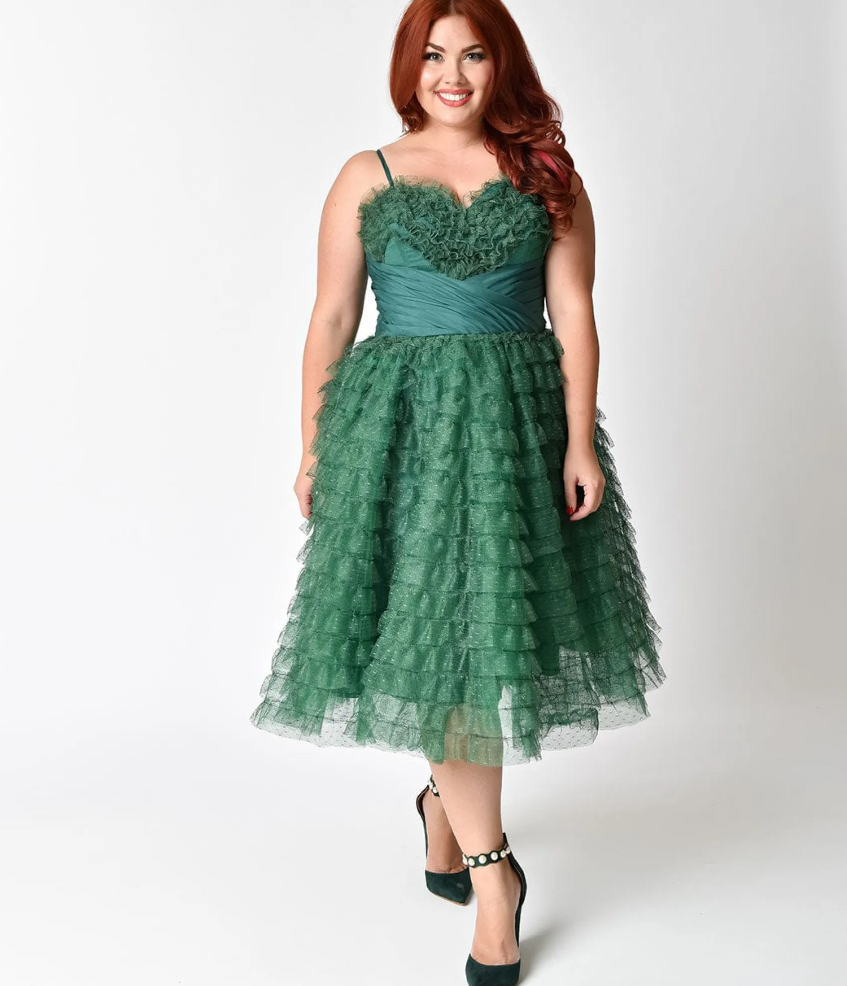 Unique Vintage Plus Size 1950s Emerald Green Ruffled Tulle Sweetheart Cupcake Swing Dress