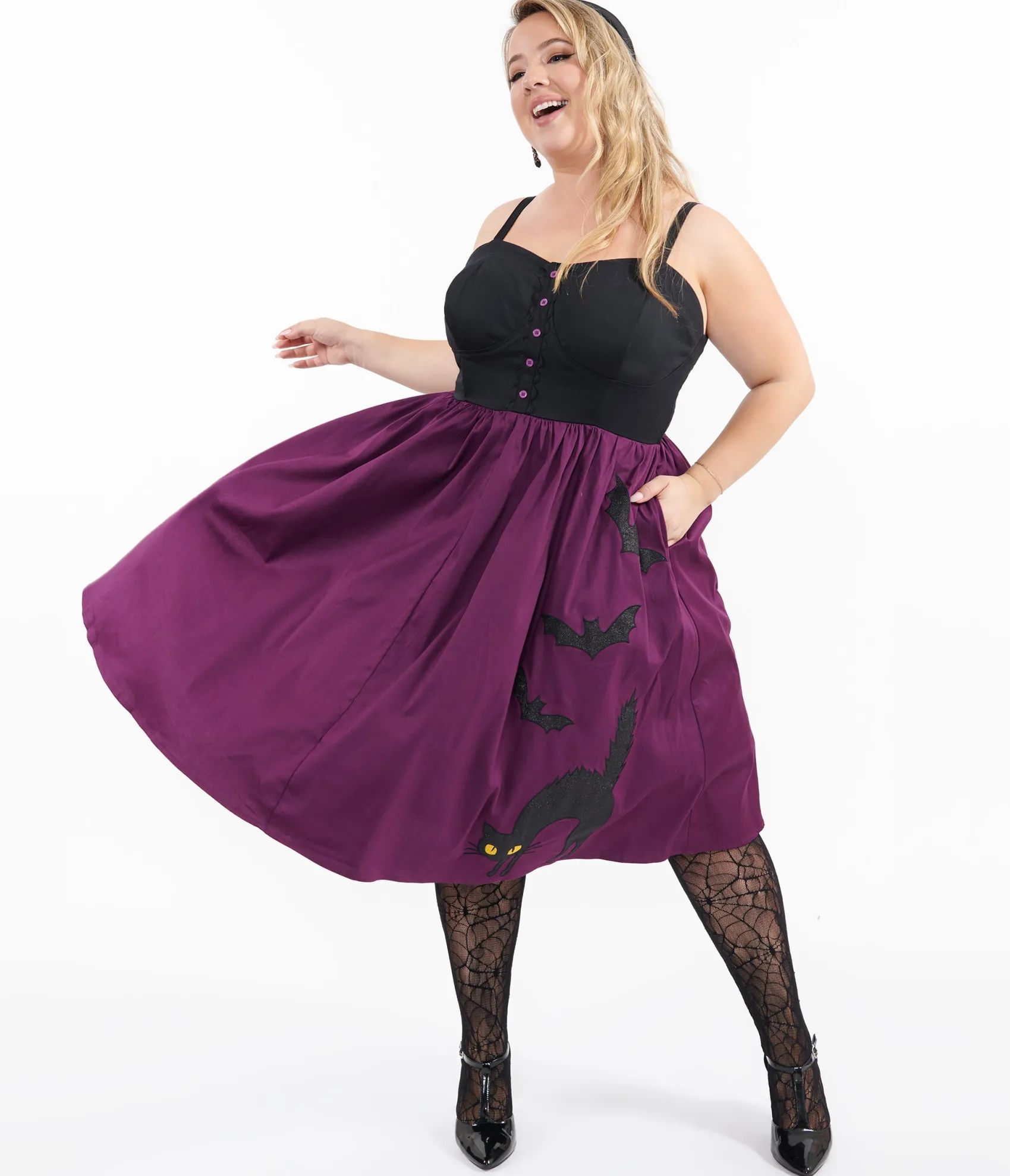 Unique Vintage Plus Size 1950s Purple & Black Glitter Cat Swing Dress