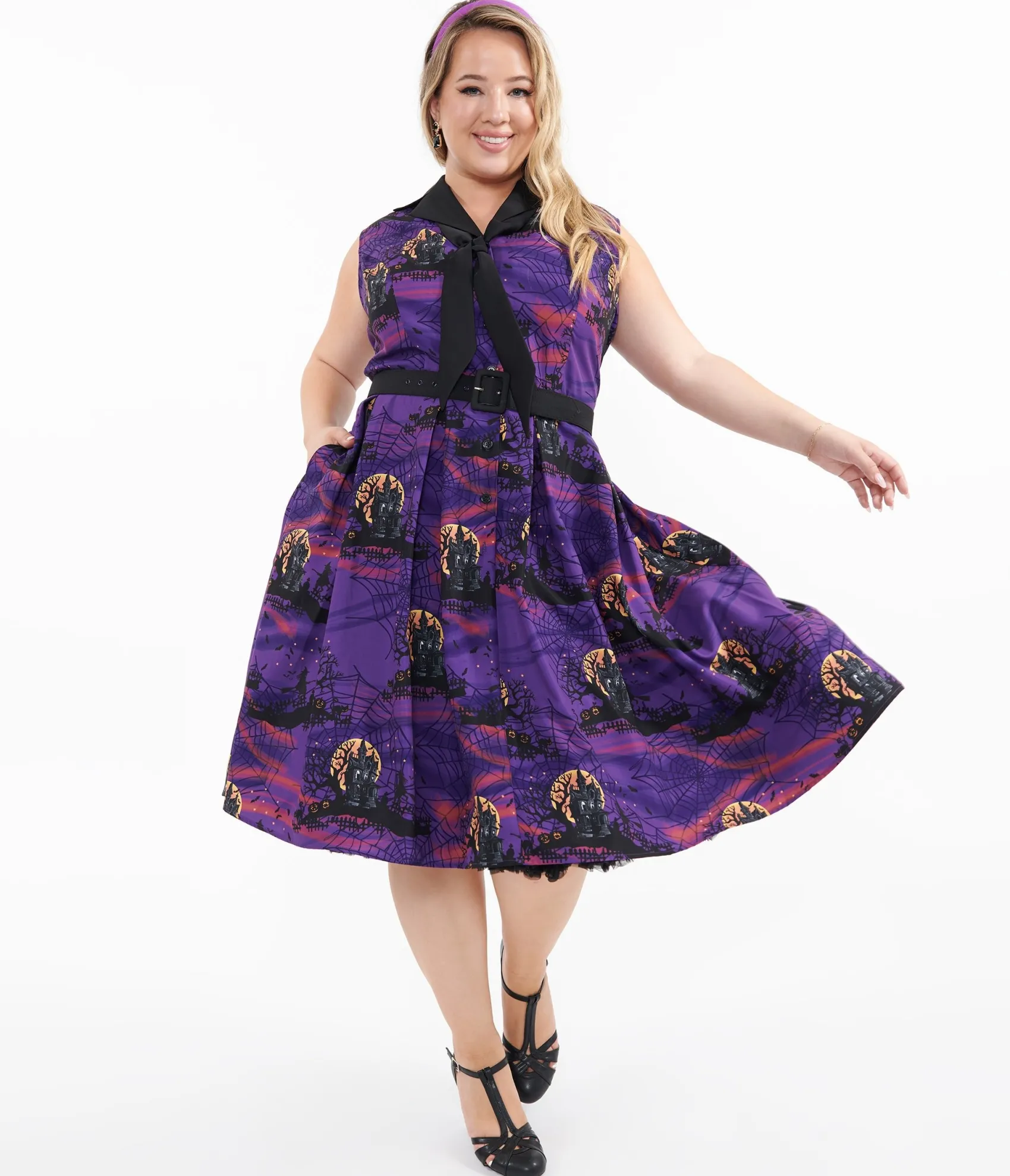 Unique Vintage Plus Size 1950s Purple Halloween Print Edith Swing Dress