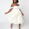 Unique Vintage Plus Size 1950s Ivory Floral Off Shoulder Flare Dress