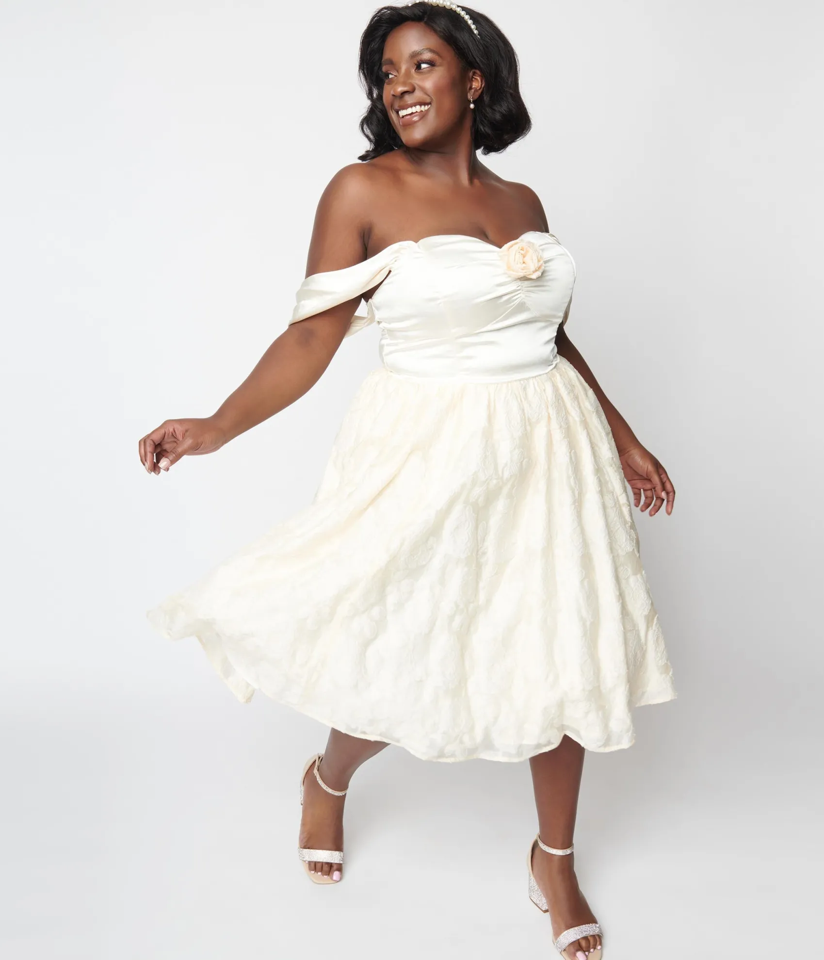 Unique Vintage Plus Size 1950s Ivory Floral Off Shoulder Flare Dress