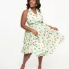 Unique Vintage Plus Size 1950s Green Gingham Spooky Fruit Print Halter Swing Dress