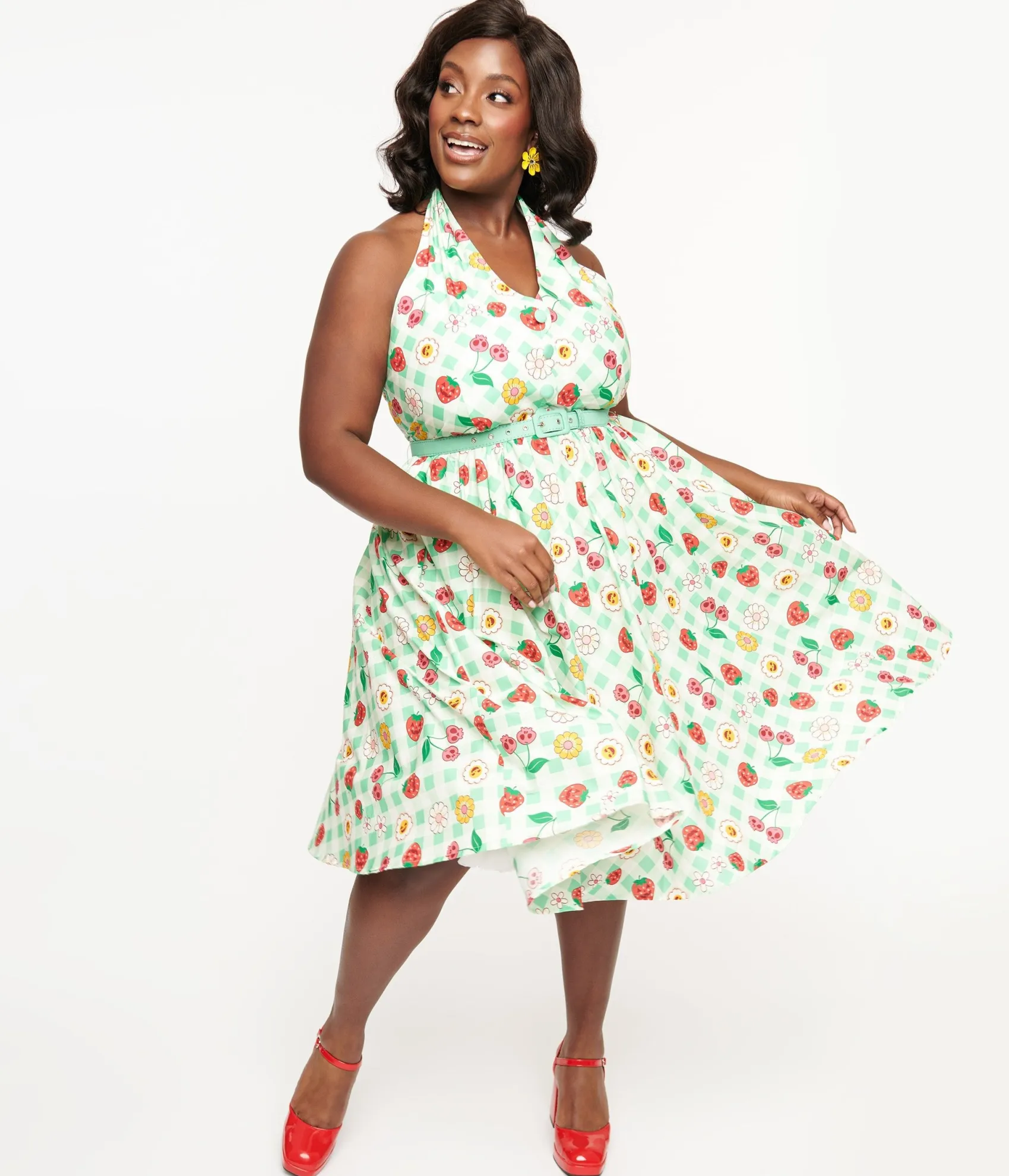 Unique Vintage Plus Size 1950s Green Gingham Spooky Fruit Print Halter Swing Dress