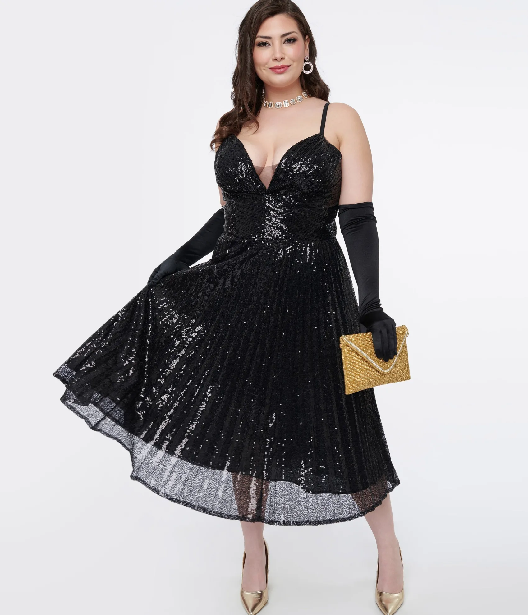 Unique Vintage Plus Size 1950s Black Pleated Sequin Swing Dress