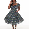 Unique Vintage Plus Size 1950s Black Spellbinding Print Swing Dress