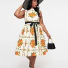 Unique Vintage Plus Size 1950s Orange Fall Floral Sleeveless Swing Dress