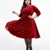 Unique Vintage Plus Size 1950s Burgundy Textured Velvet Devon Swing Dress