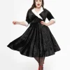 Unique Vintage Plus Size 1950s Black Crushed Velvet & White Fur Delores Swing Dress
