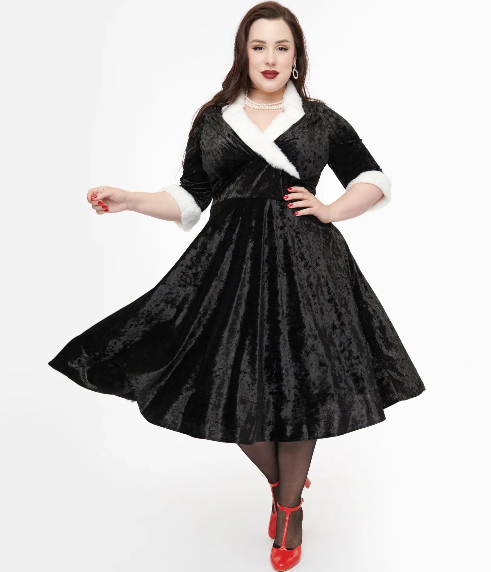 Unique Vintage Plus Size 1950s Black Crushed Velvet & White Fur Delores Swing Dress