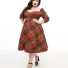 Unique Vintage Plus Size 1950s Burnt Orange & Green Plaid Lamar Swing Dress