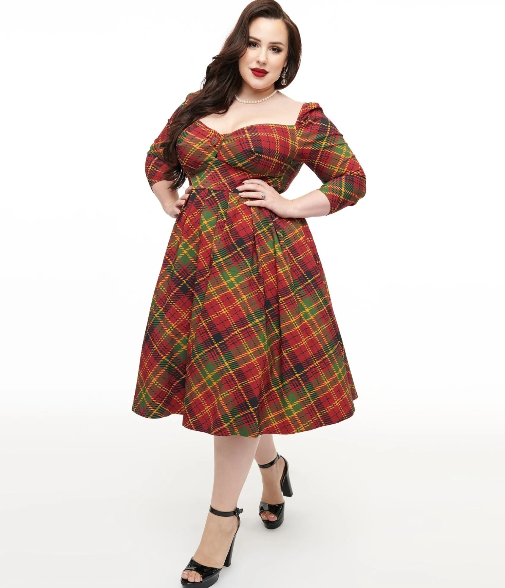 Unique Vintage Plus Size 1950s Burnt Orange & Green Plaid Lamar Swing Dress