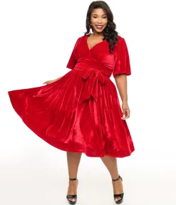 Unique Vintage Plus Size 1940s Red Velvet Flutter Sleeve Swing Dress