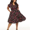 Unique Vintage Plus Size 1940s Black & Red Floral Print Tulip Sleeve Swing Dress