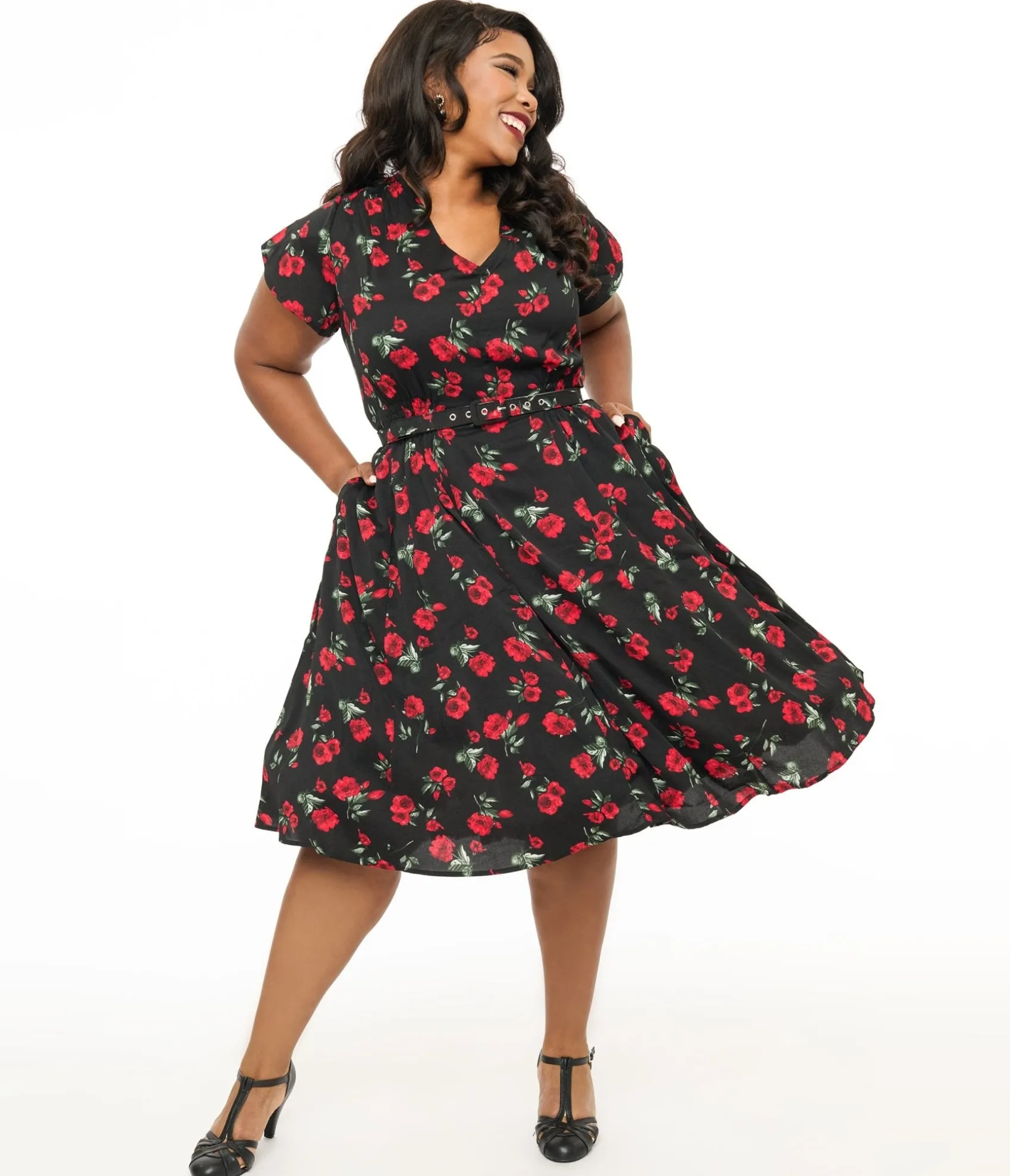 Unique Vintage Plus Size 1940s Black & Red Floral Print Tulip Sleeve Swing Dress