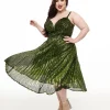 Unique Vintage Plus Size 1950s Emerald Pleated Sequin Swing Dress