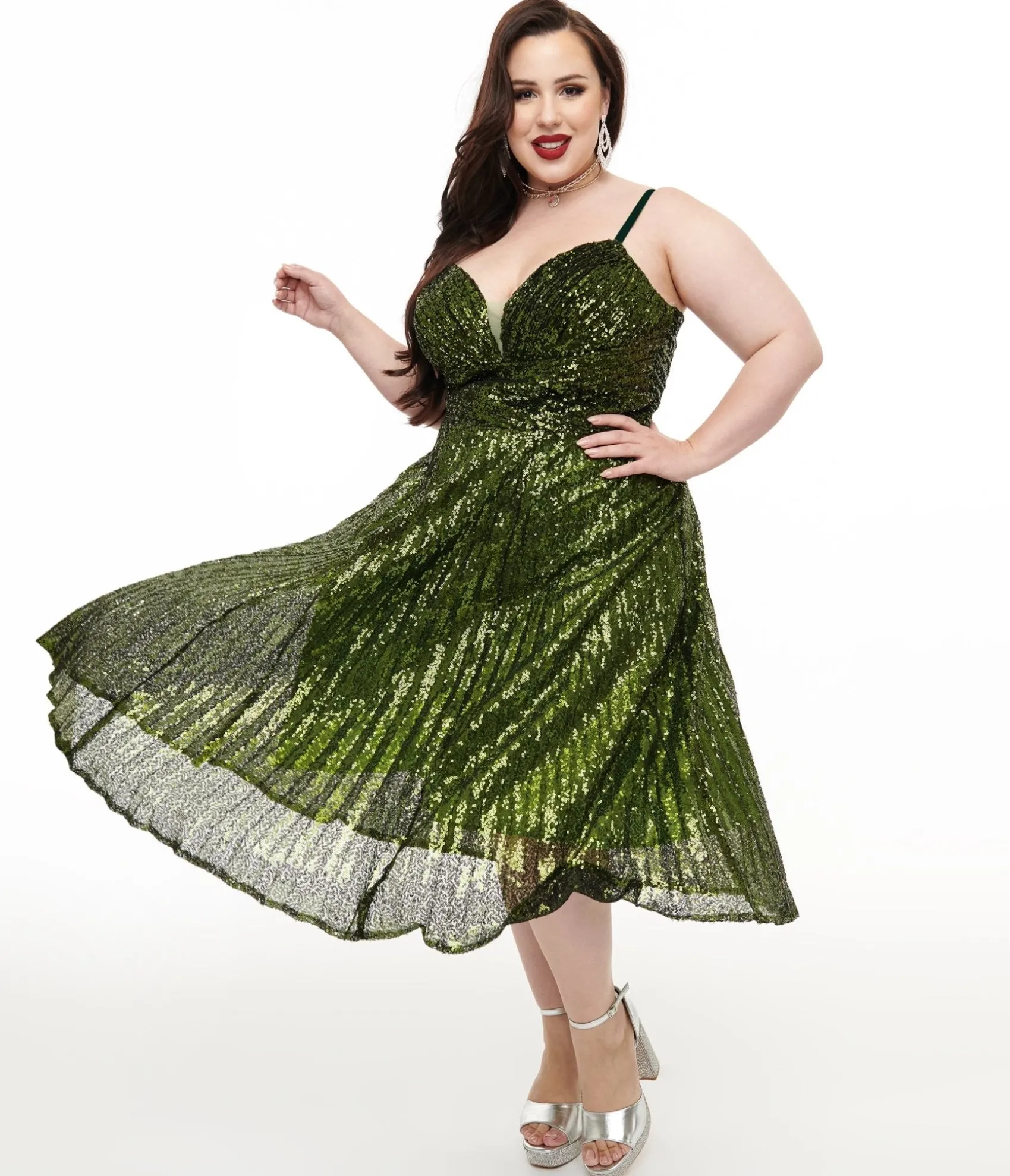 Unique Vintage Plus Size 1950s Emerald Pleated Sequin Swing Dress