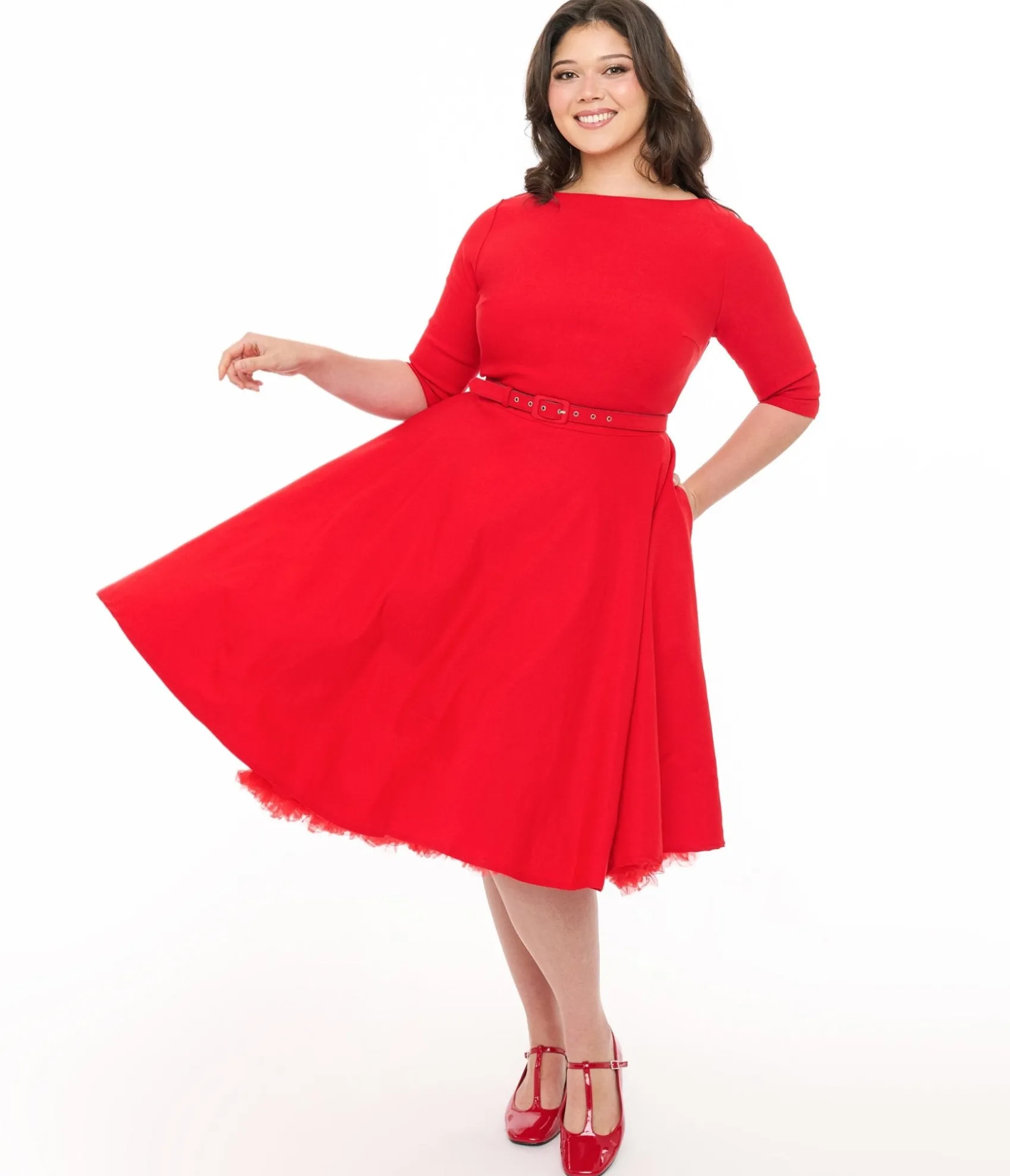 Unique Vintage Plus Size 1950s Bright Red Devon Swing Dress