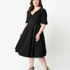 Unique Vintage Plus Size Black Delores Swing Dress with Sleeves