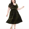 Unique Vintage Plus Size 1950s Olive Green Shirred Velvet Swing Dress