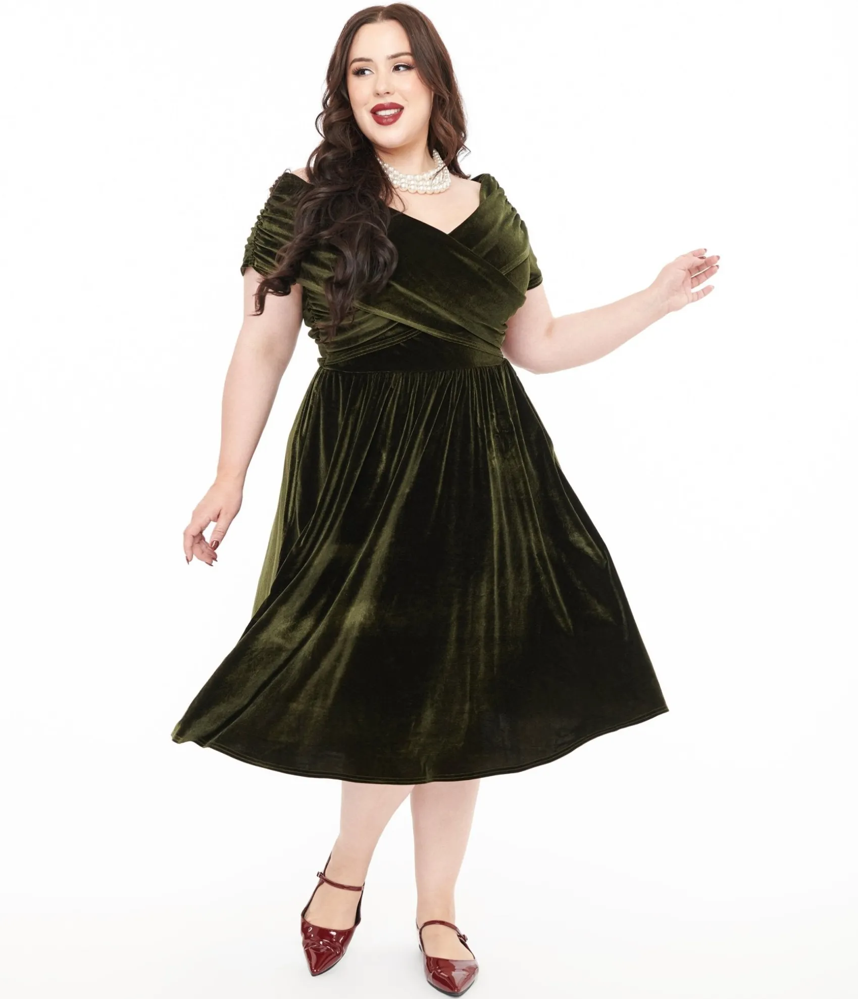 Unique Vintage Plus Size 1950s Olive Green Shirred Velvet Swing Dress