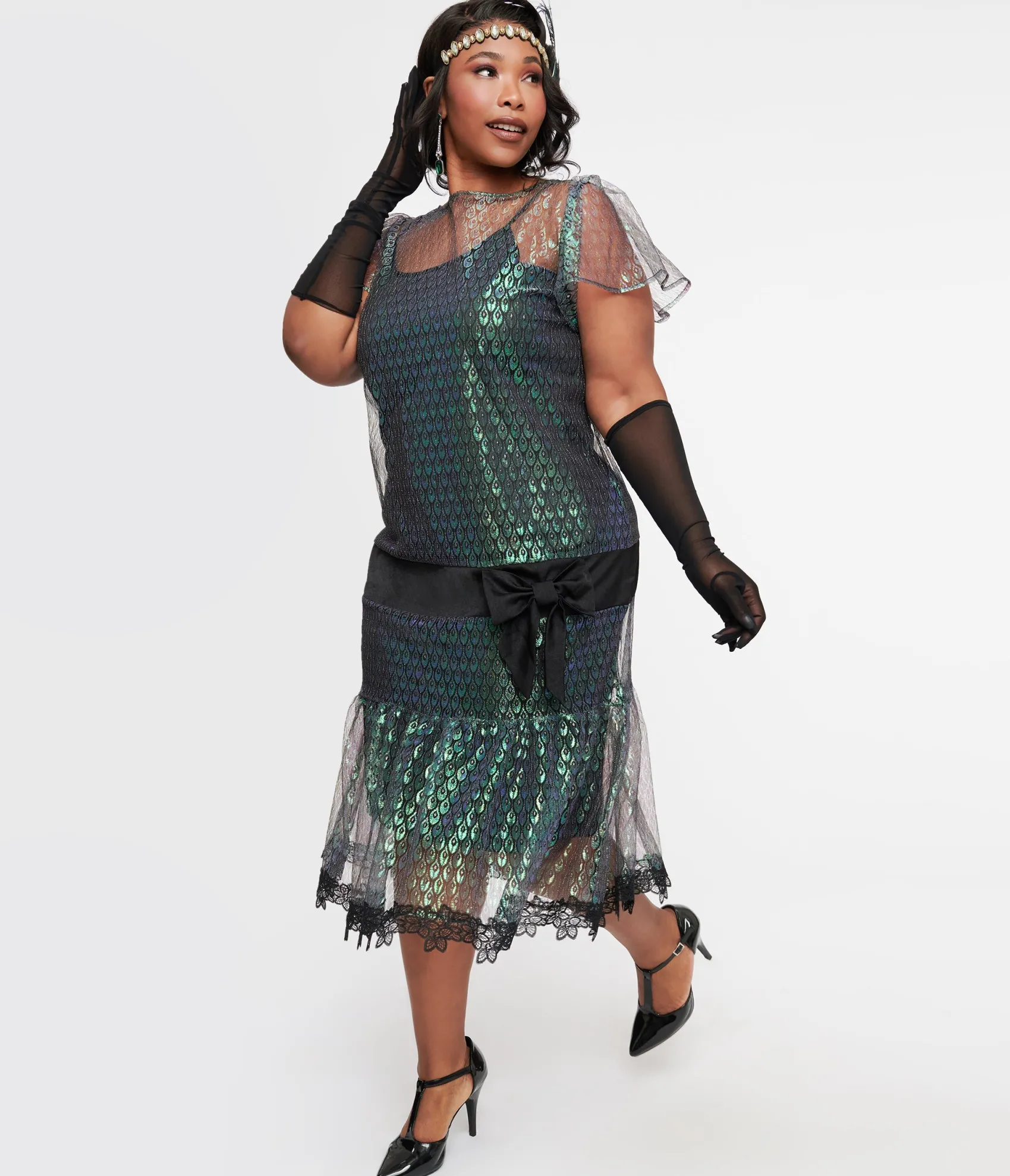 Unique Vintage Plus Size 1920s Iridescent Peacock & Black Bow Flapper Dress