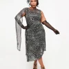 Unique Vintage Plus Size 1920s Black & Silver Sequin Spider Web Draped Flapper Dress