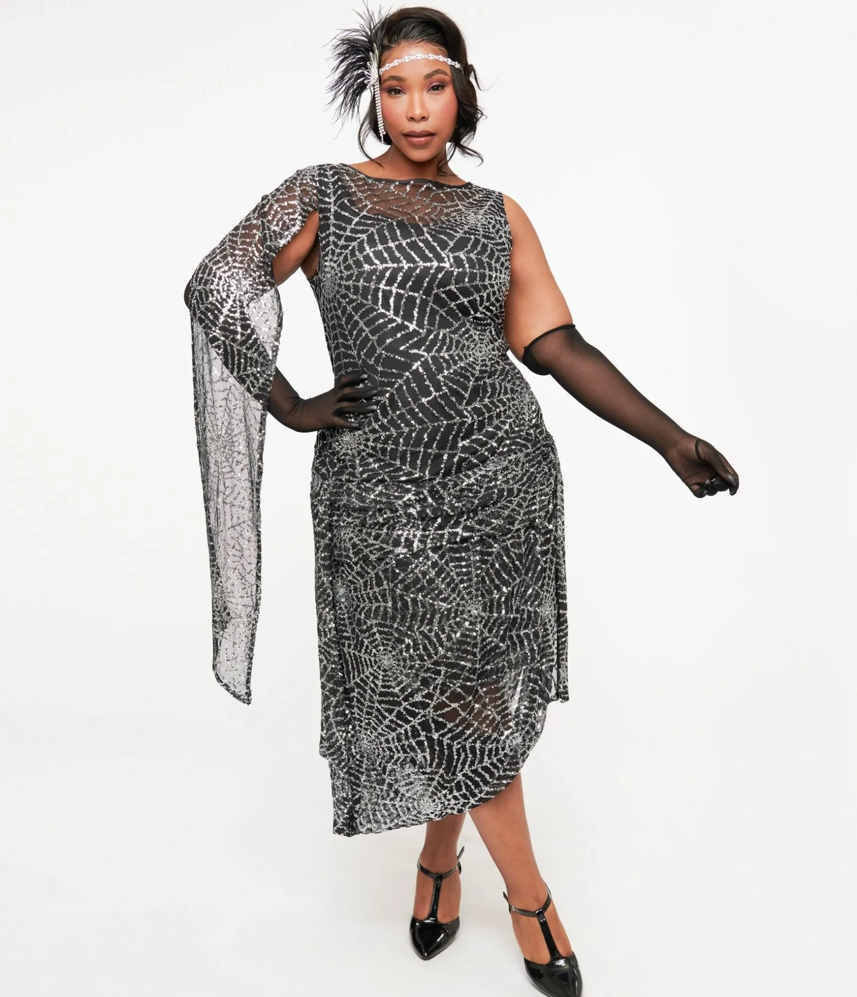 Unique Vintage Plus Size 1920s Black & Silver Sequin Spider Web Draped Flapper Dress