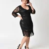 Unique Vintage Plus Size 1920s Black Beaded & Sequin Margaux Sleeved Fringe Flapper Dress