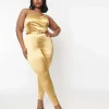 Unique Vintage Plus Size 1970s Gold Spandex Belted Jumpsuit