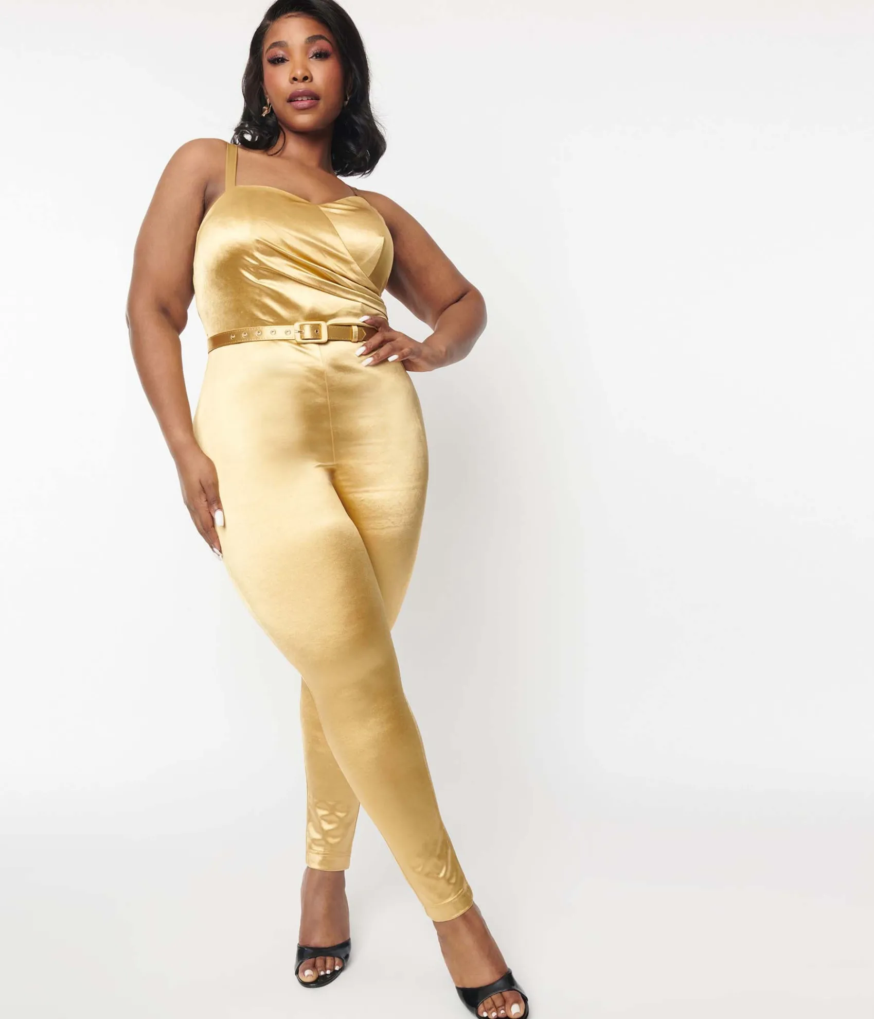 Unique Vintage Plus Size 1970s Gold Spandex Belted Jumpsuit