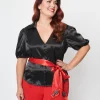 Unique Vintage Plus Size Black & Red Lock & Key Sashed Blouse