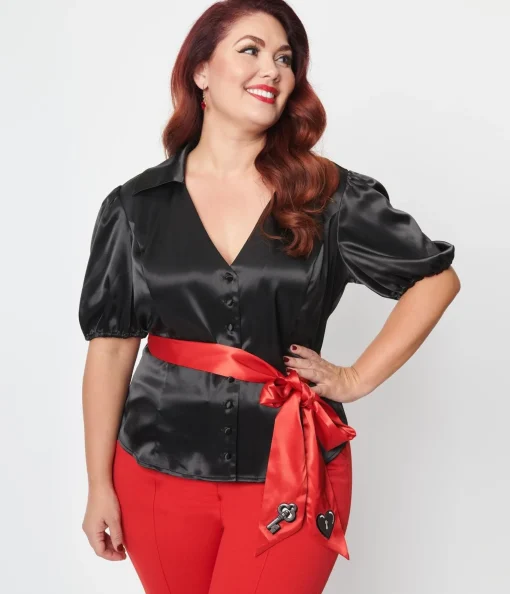 Unique Vintage Plus Size Black & Red Lock & Key Sashed Blouse