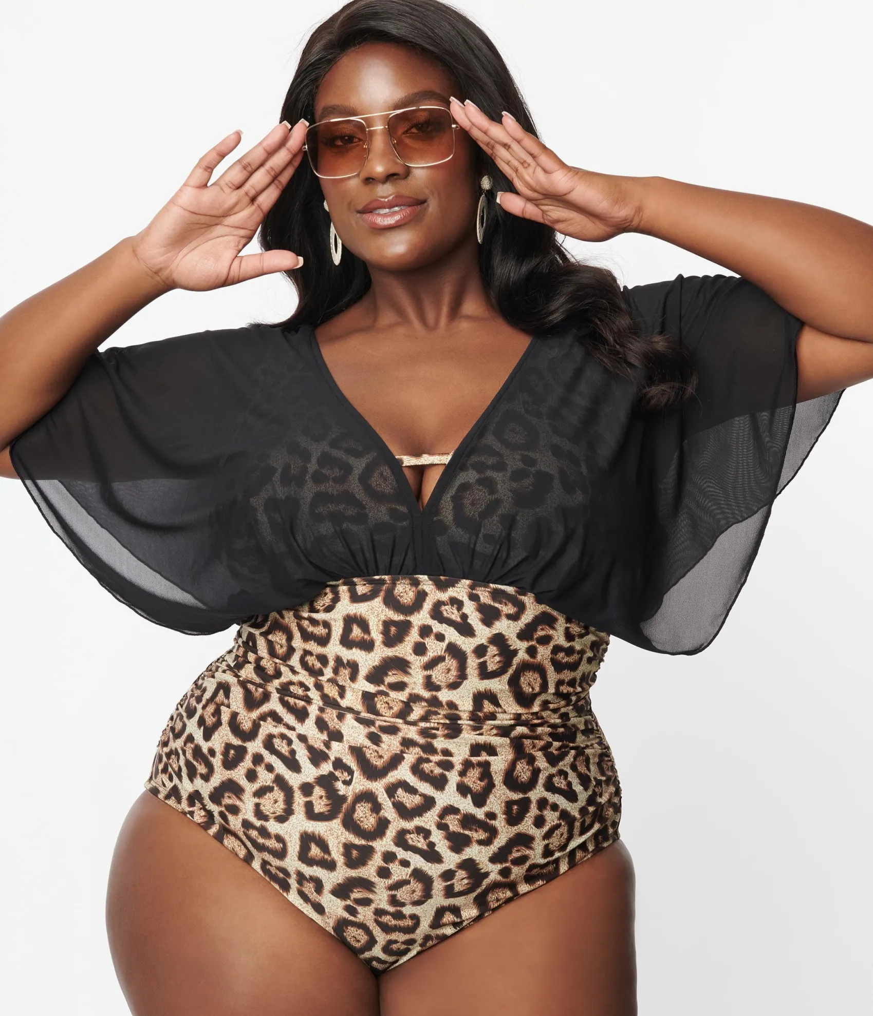 Unique Vintage Plus Size Leopard & Black Mesh Sleeved Torrey Swimsuit