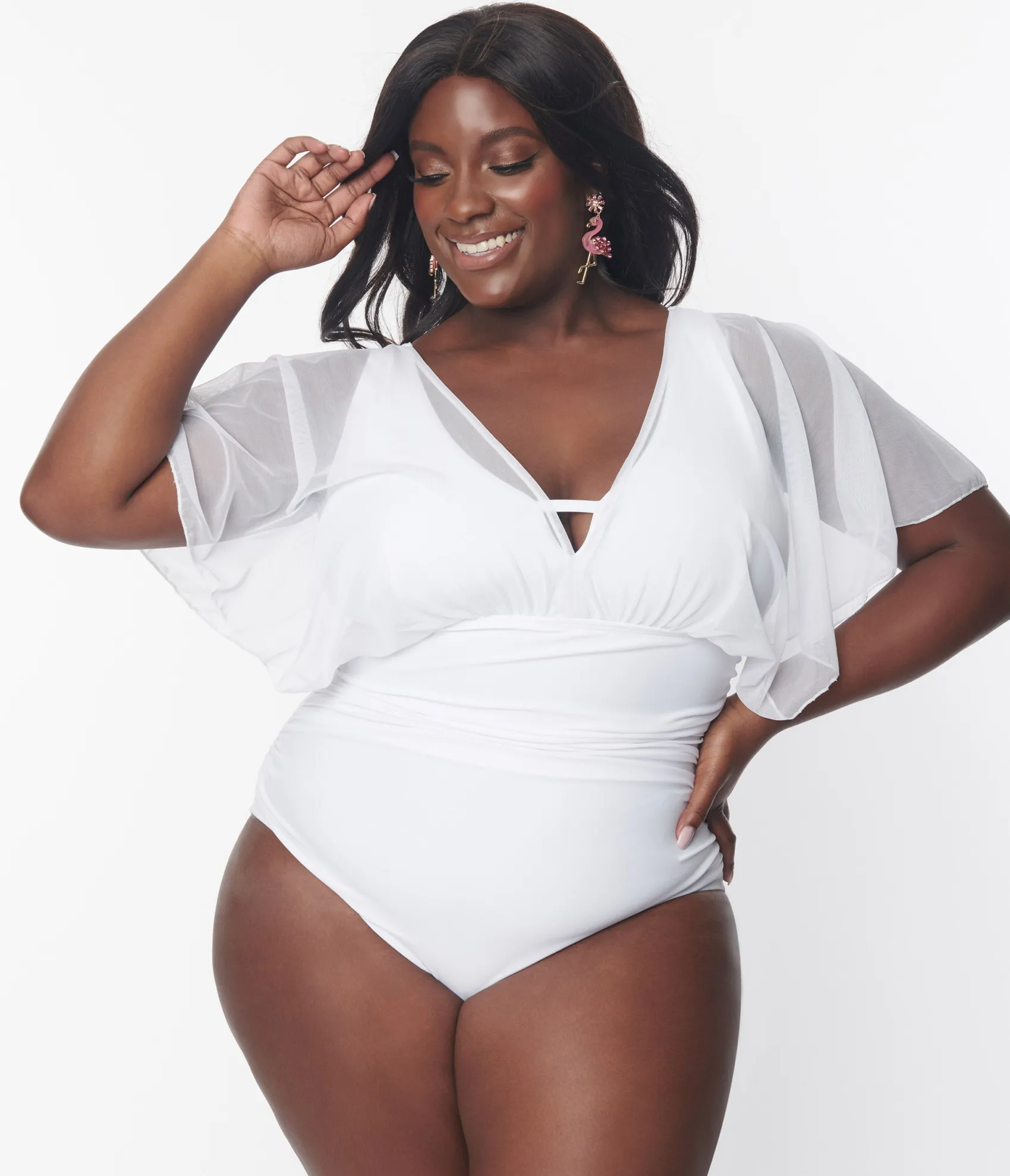 Unique Vintage Plus Size White Mesh Sleeved Torrey Swimsuit