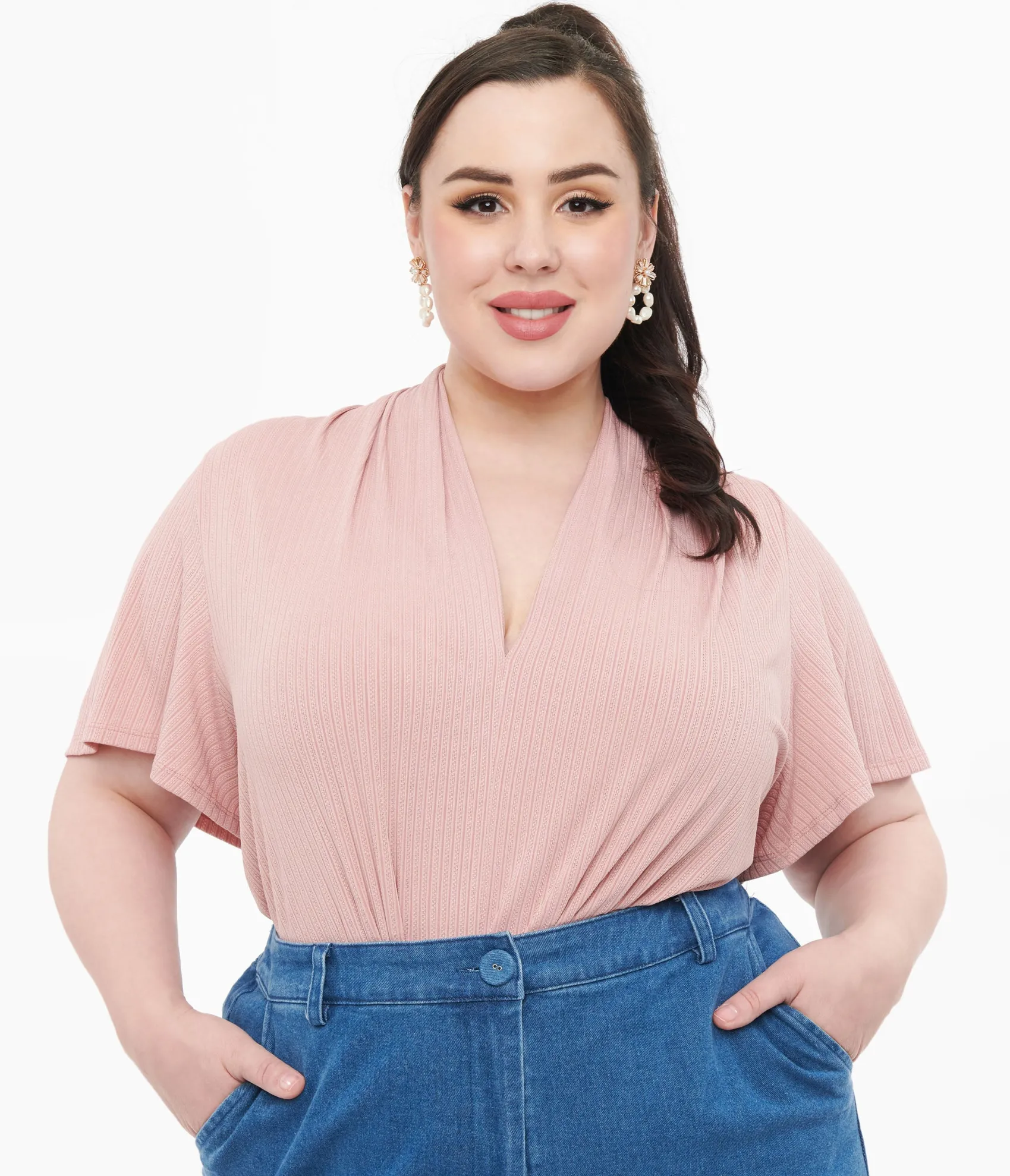 Unique Vintage Plus Size Rose Pink Pointelle Flutter Sleeve Bodysuit