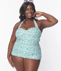 Unique Vintage Plus Size Turquoise Retro Hearts Print Corrine Sheath Swimsuit