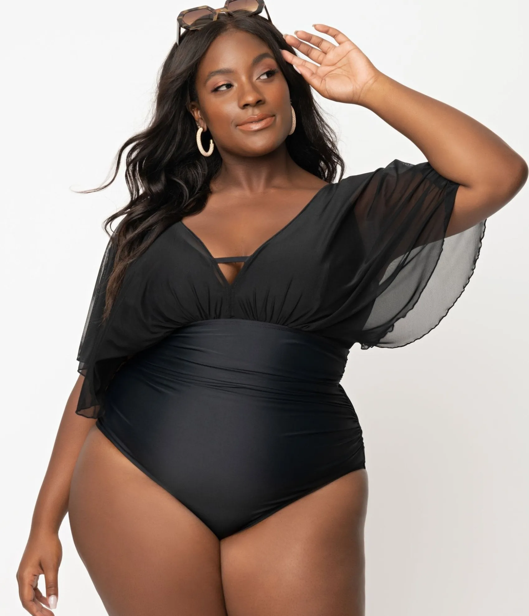 Unique Vintage Plus Size Black Mesh Sleeved Torrey Swimsuit