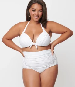 Unique Vintage Plus Size Solid White Monroe Halter Swim Top