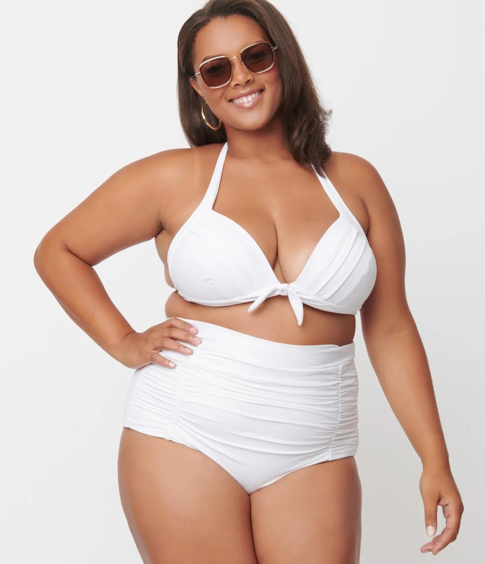 Unique Vintage Plus Size Solid White Monroe High Waist Swim Bottom