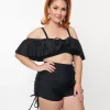 Unique Vintage Plus Size Black Ruffled Swim Top