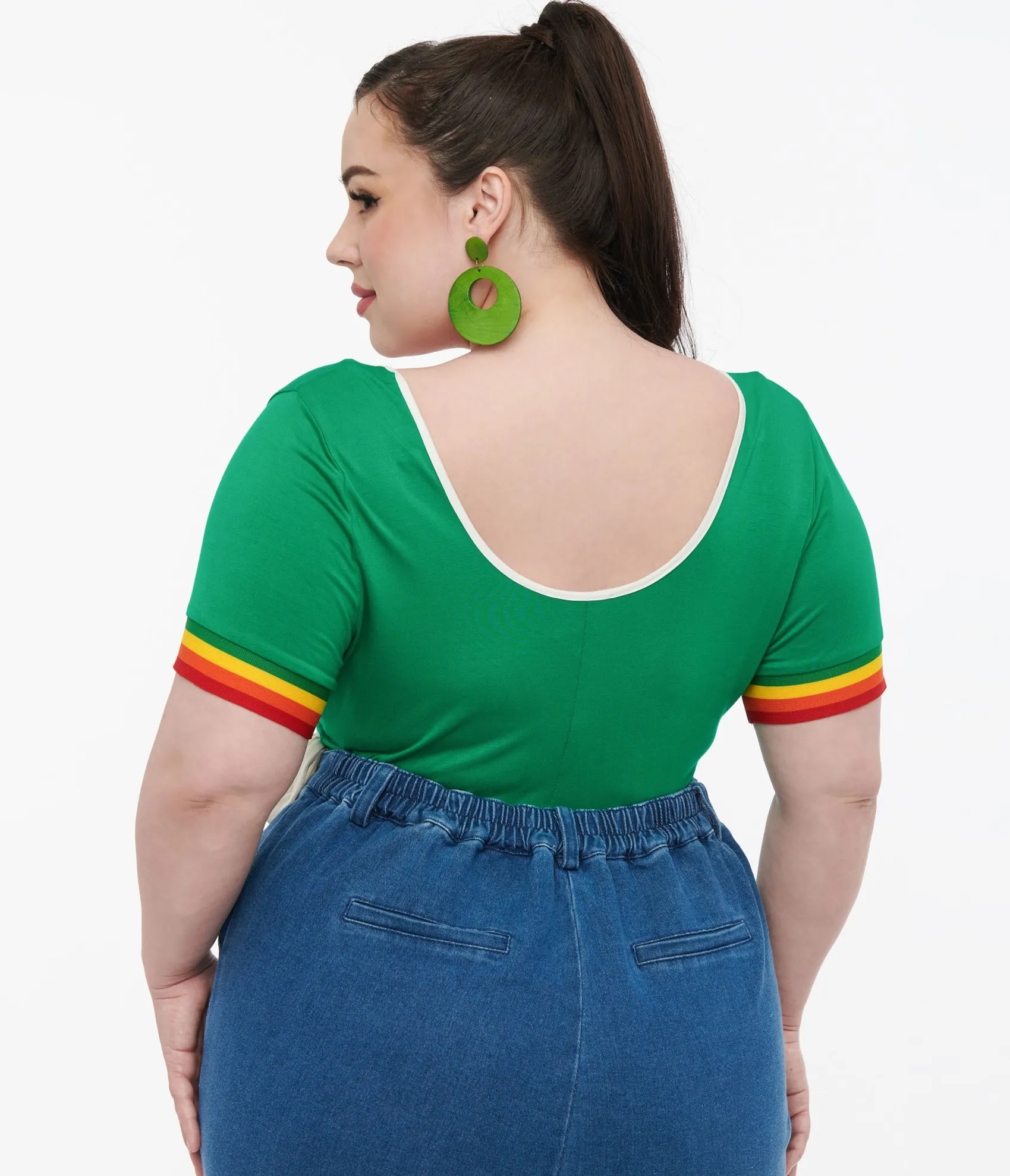 Unique Vintage Plus Size 1970s Green & Rainbow Heart Surplice Bodysuit