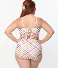 Unique Vintage Plus Size Pastel Madras Gingham Marlene Crop Swim Top