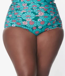 Unique Vintage Plus Size Teal Flower Child Monroe Swim Bottom