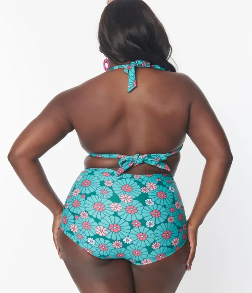 Unique Vintage Plus Size Teal Flower Child Monroe Halter Swim Top
