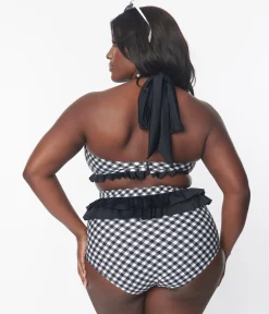 Unique Vintage Plus Size Black & White Bias Gingham Twist Front Halter Swim Top