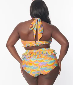 Unique Vintage Plus Size Happy Groovy Rainbow Twist Front Halter Swim Top