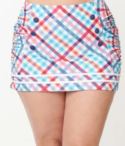 Unique Vintage Plus Size Pastel Madras Plaid Sailor Swim Bottom