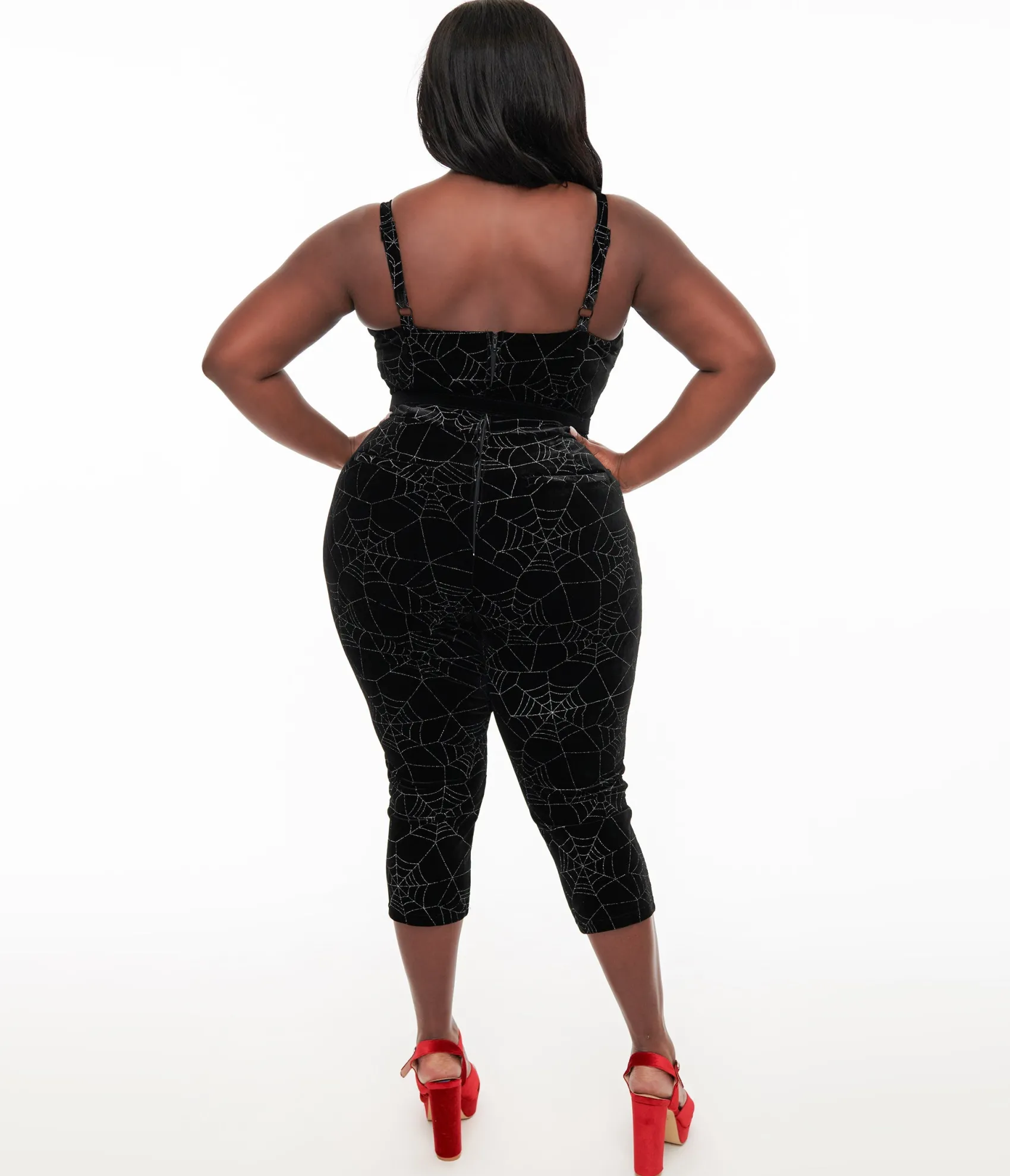 Unique Vintage Plus Size 1950s Black Velvet & Silver Web Cropped Jumpsuit