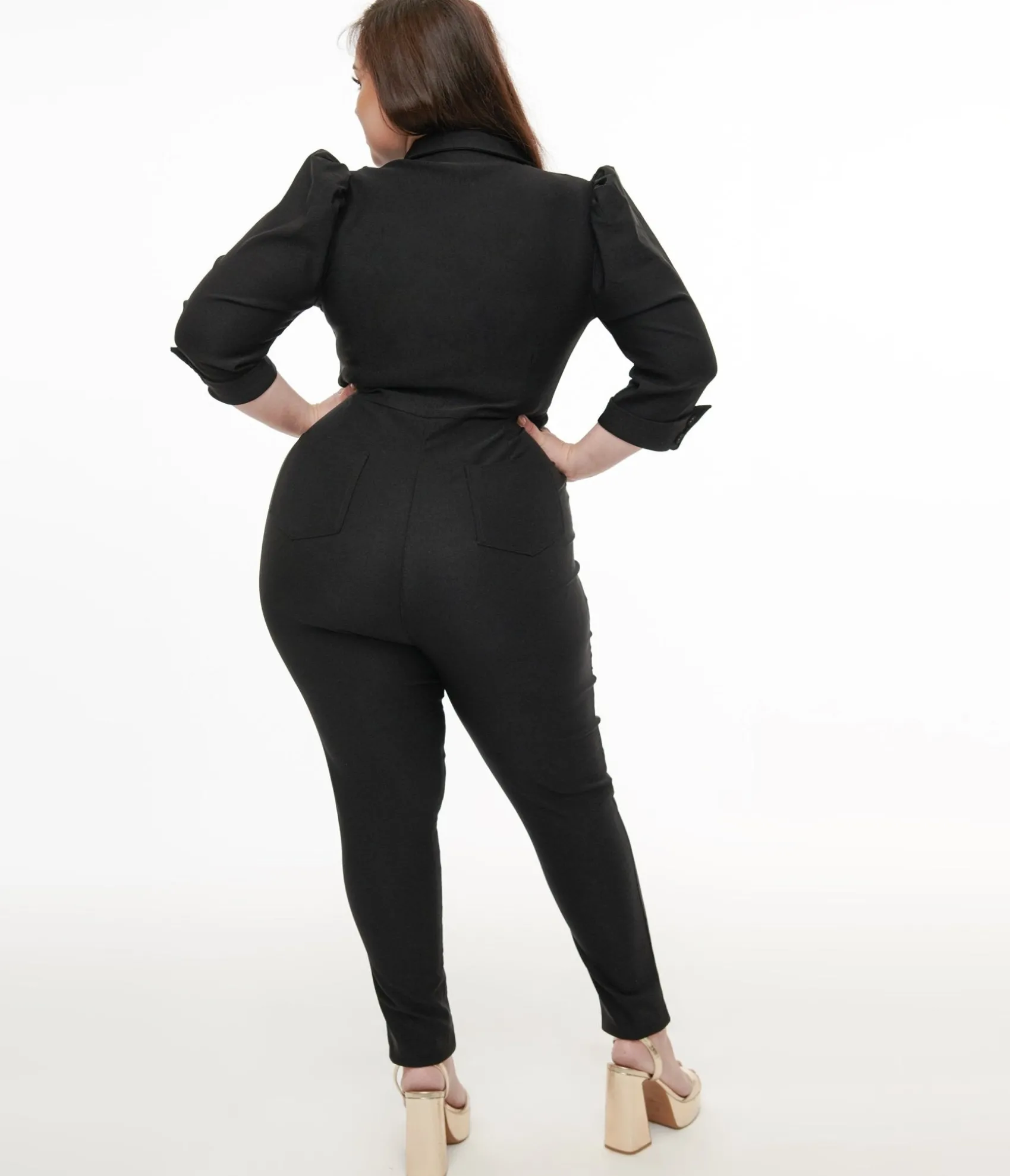 Unique Vintage Plus Size 1950s Black Puff Sleeve Jumpsuit