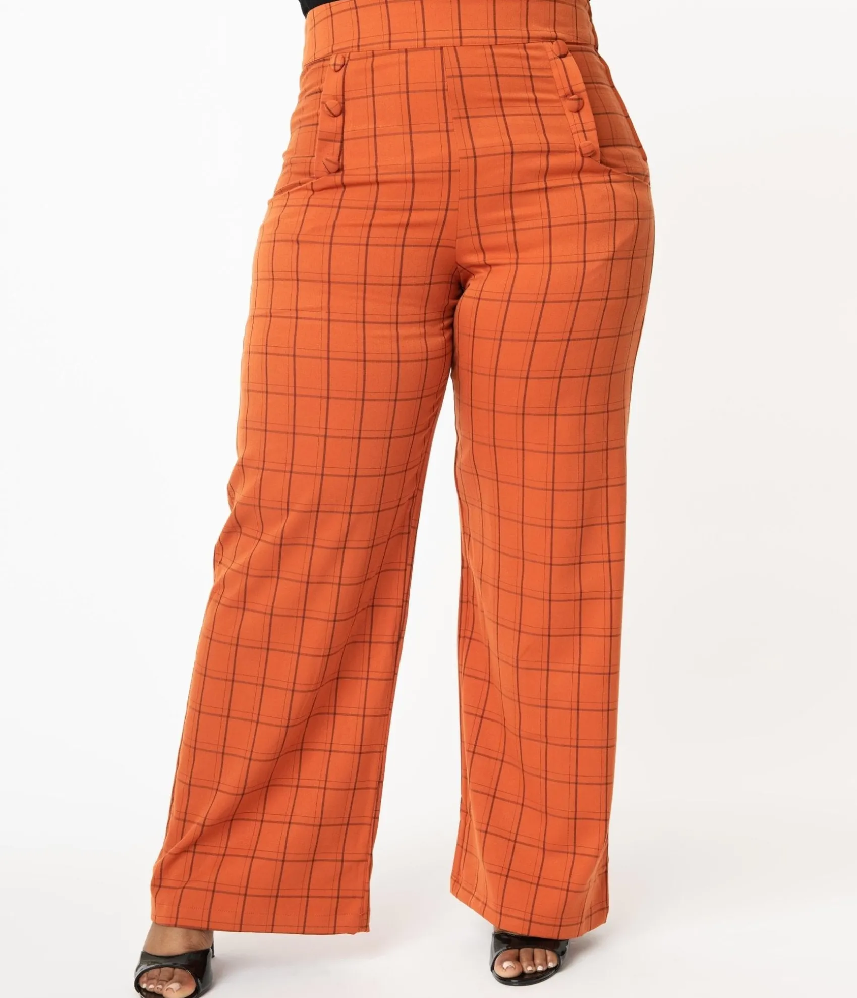 Unique Vintage Plus Size 1940s Orange Windowpane High Waist Ginger Pants